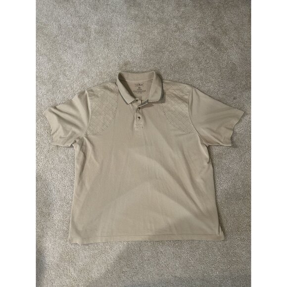 Vintage LL Bean Mens 2XL Short Sleeve Polo Shirt Tan Check Shoulder Pattern - Picture 1 of 6